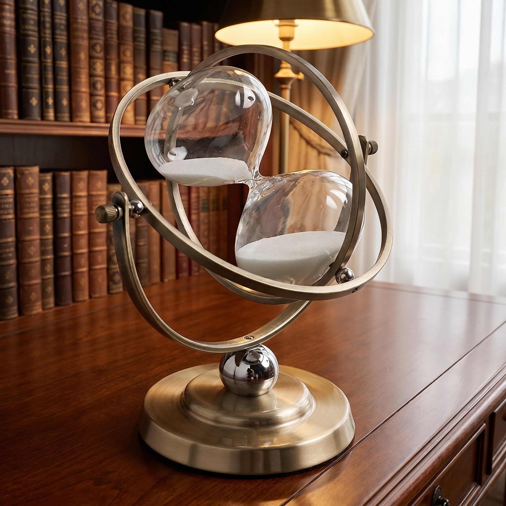 Nordic Luxury Rotating Hourglass Timer - Metal Globe-Shaped Desktop Ornament, 30-Minute Focus Management Tool, Premium Decor for Study & Office