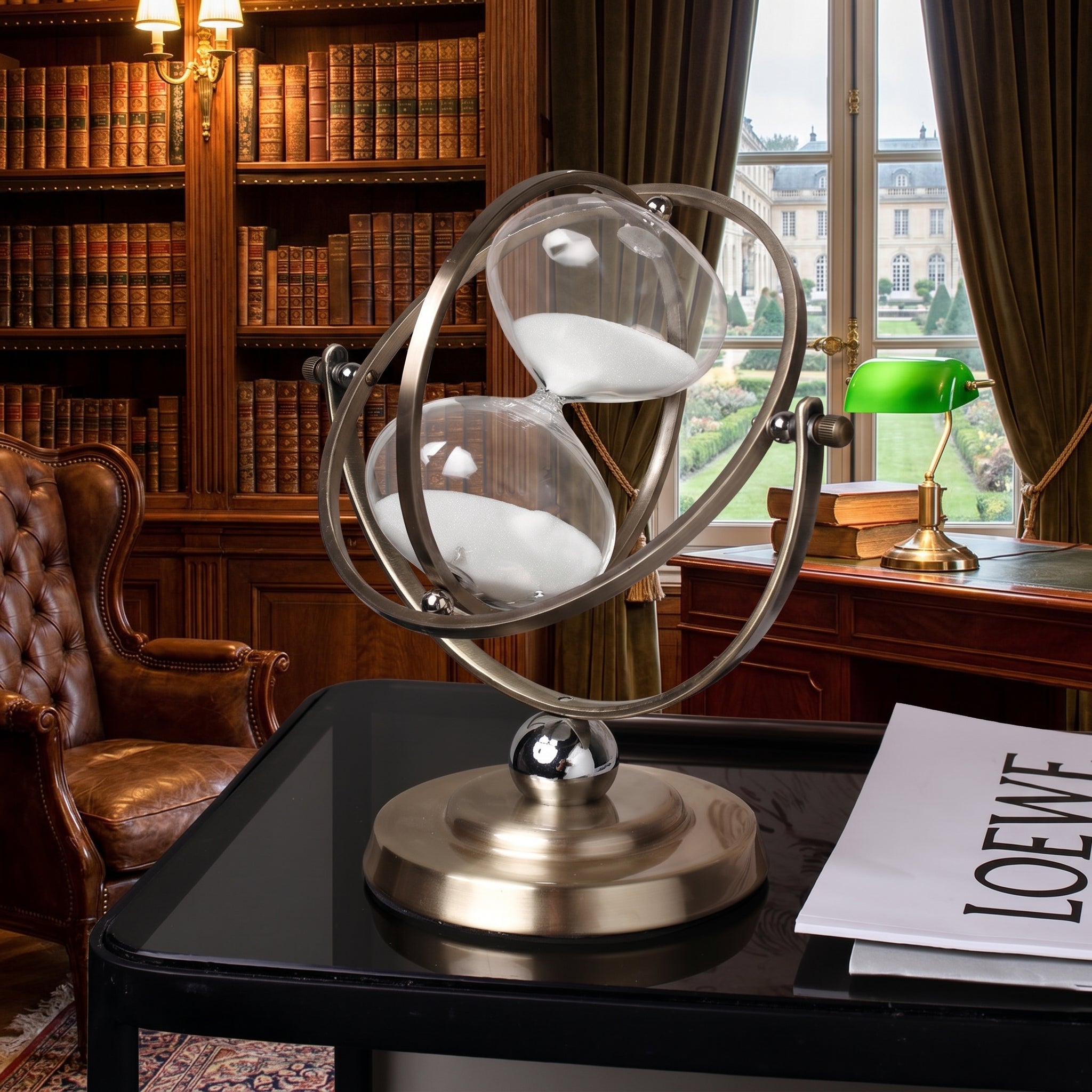 Nordic Luxury Rotating Hourglass Timer - Metal Globe-Shaped Desktop Ornament, 30-Minute Focus Management Tool, Premium Decor for Study & Office